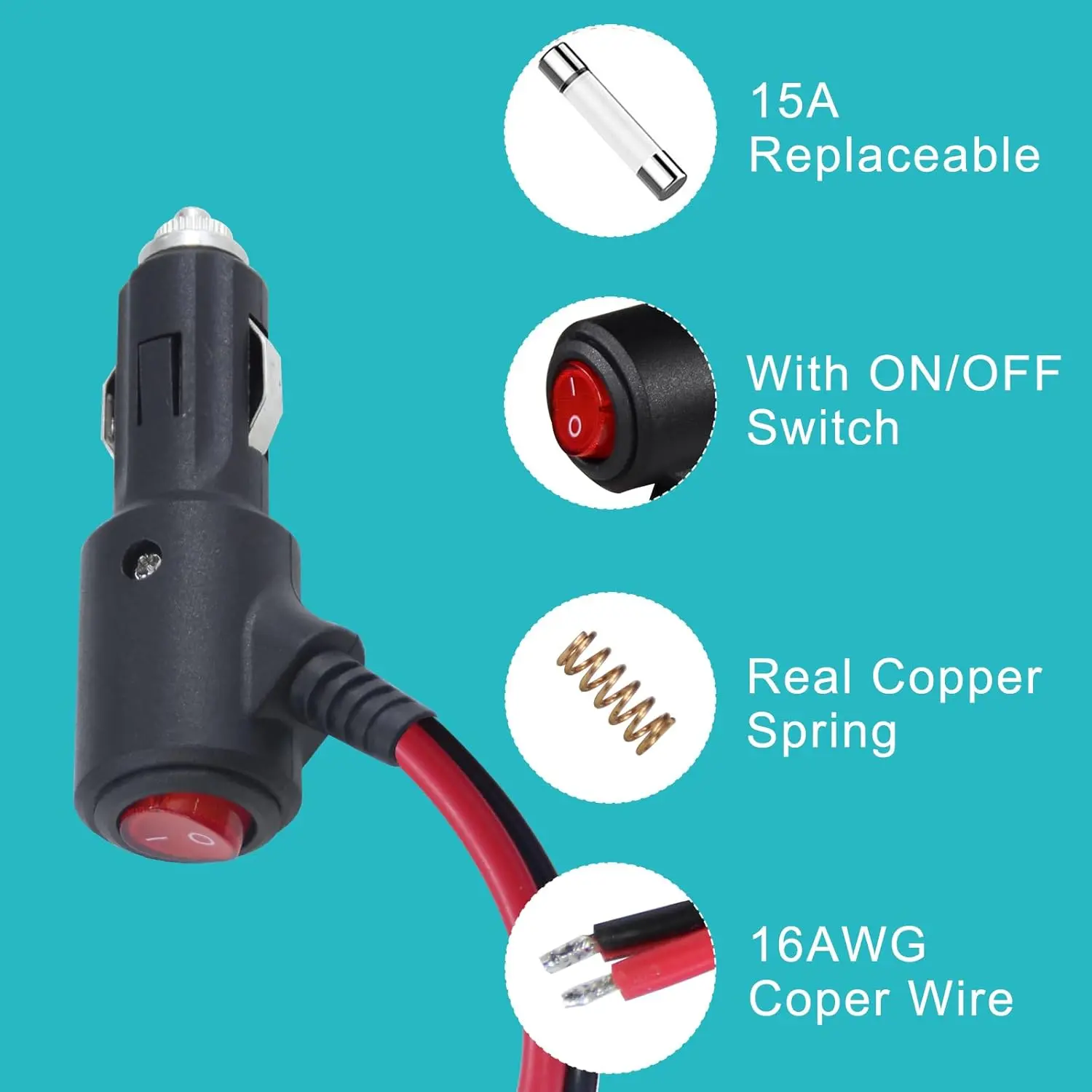 car stuff12V Fused Replacement Cigarette Lighter Male Plug with On Off  Switch - 2FT 12Volt 15amp Cigarette Lighter Plug with Leads and Led Lights,  16AWG Ci