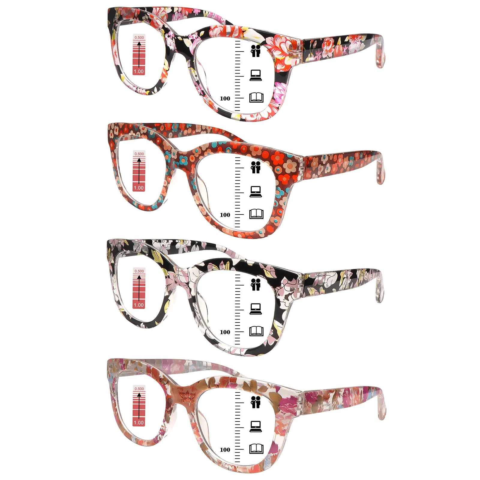4-Piece Floral-Print Multifocal Reading Glasses Set Pack - Oversized Square-Round Plastic Frames, Sturdy Spring-Loaded Metal Hinges, Bluelight Blocking, Euro-American Fashion Style, Elegant Gift for Eye Care