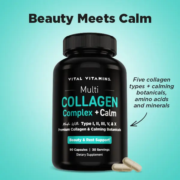 Vital Vitamins Multi Collagen Complex + Calm - 5 Collagen Types (I, II, III, V & X) with L-Theanine, Ashwagandha & Magnesium Glycinate - Melatonin-Free - 90 Capsules