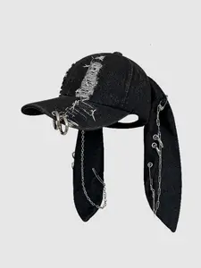 Y2K Post-Apocalyptic Bunny Ear Denim Ripped Baseball Cap, Dark Punk Style Casual Trendy Photo Hat, Hole Design, Street Fashion for Women, Distressed Hat