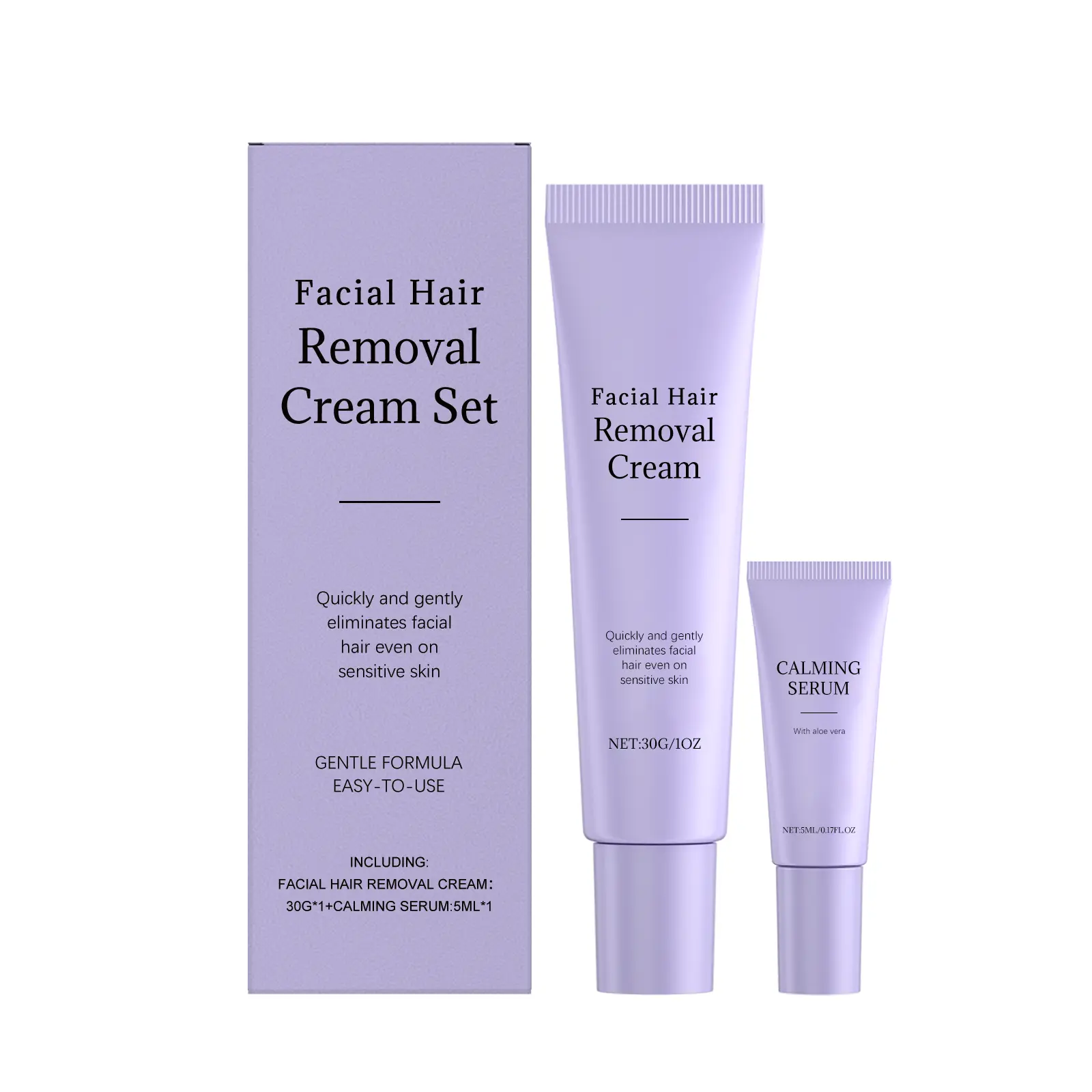 Facial Hair Removal Cream for Women, 2-in-1 Sensitive Skin Kit, 30ML Gentle Plant Depilatory Cream with 5ML Soothing Essence, Painless Facial Hair Remover