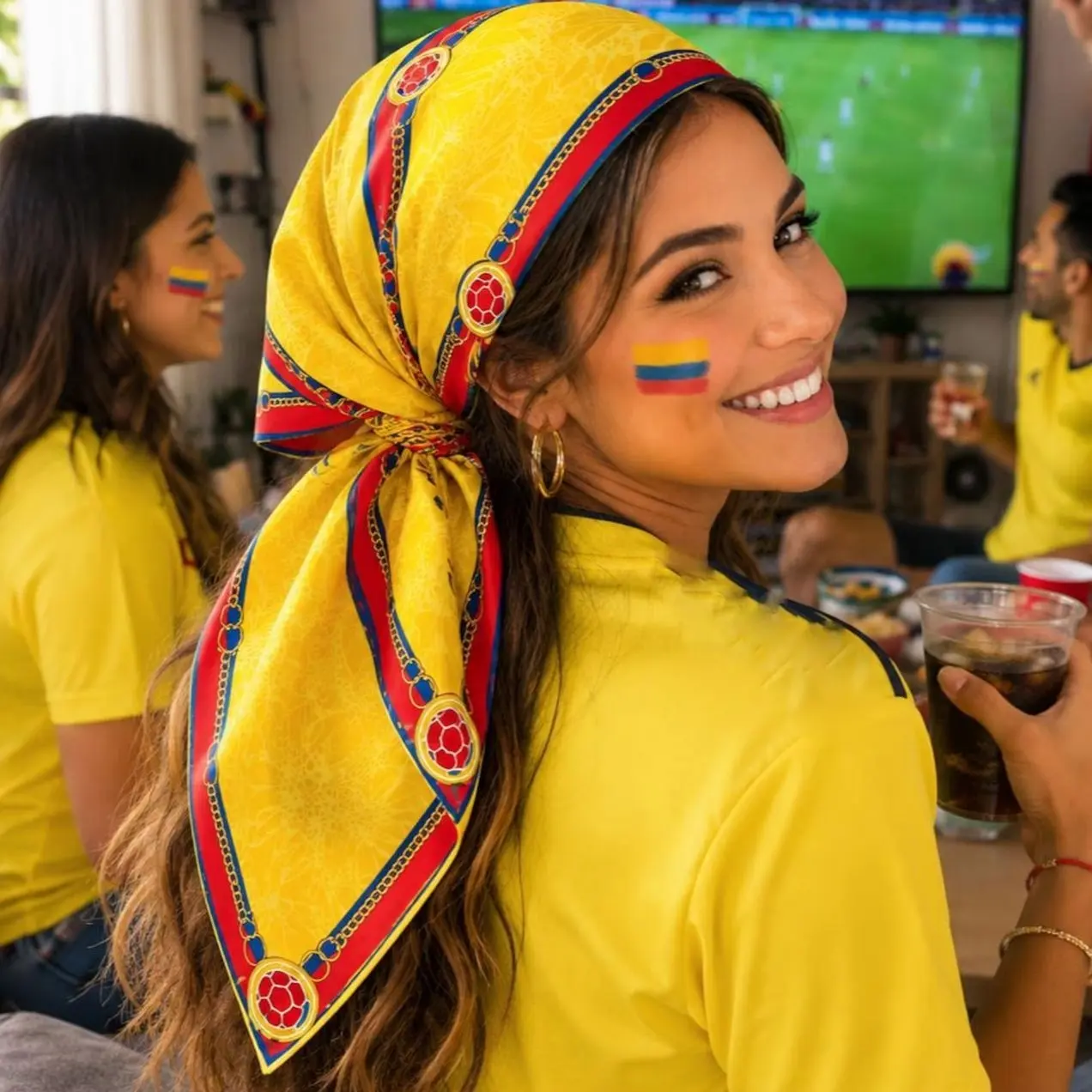 Colombia Soccer Satin Head Scarf, Colombia 2026 Hair Scarf, Equestrian Chain Bandana, Football Fan Gift