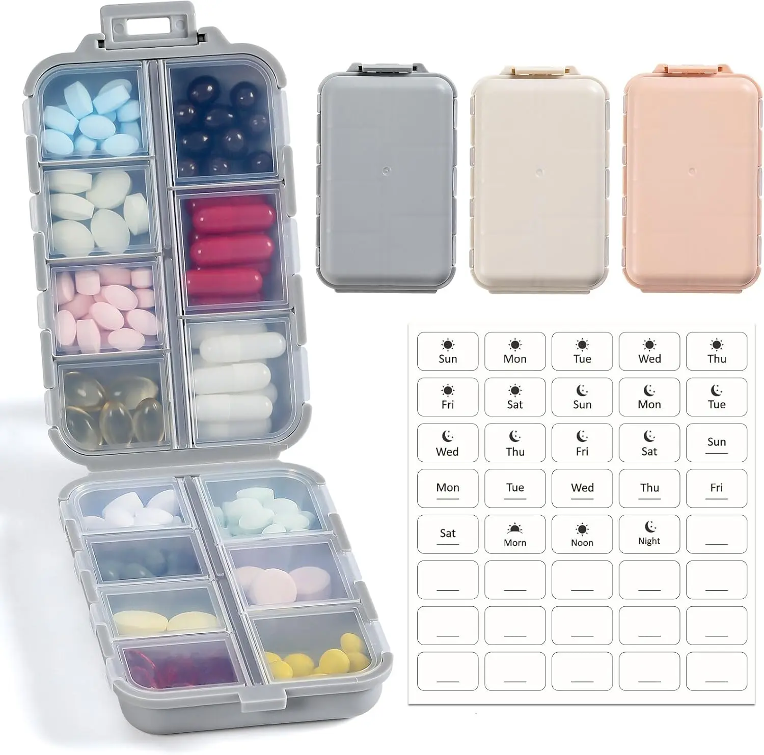 14-Grid Pill Organizer Box with Labels, 3-Pack Travel Tampon & Medication Holder Dispenser, Pocket Daily Storage Case for Fish Oil, Vitamins, Supplements (Khaki, Pink, Grey), Tampons