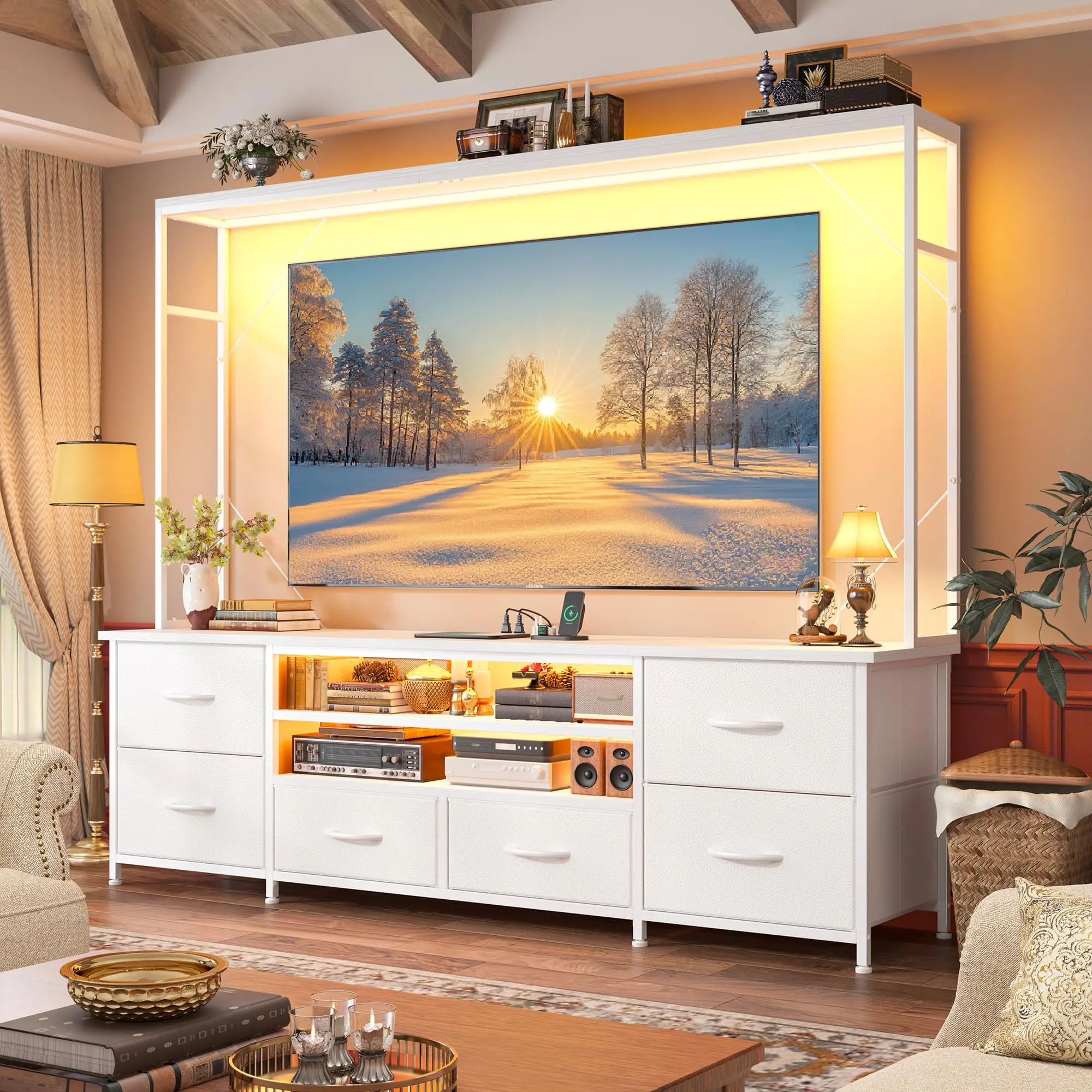RaybeeFurniture 60" TV Stand for Living Room, Dresser TV Stand with 6 Fabric Drawers, Large Wall Unit Entertainment Center with LED Lights & Power Outlets, TV Stands for Bedroom, Closet, Entryway