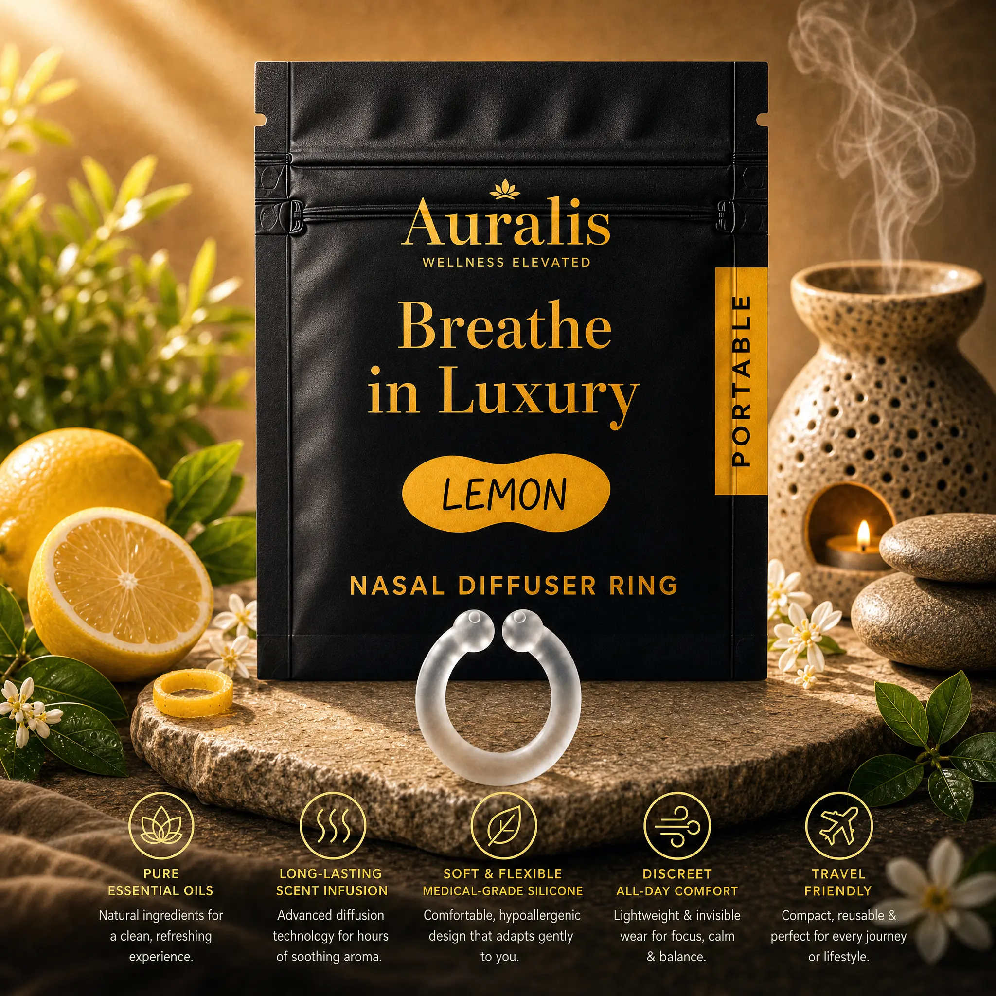 Auralis Essential Ring - Portable Reusable Personal Nasal Scented Oil Diffuser for Health, Wellness, Therapy, Calming Aroma Use
