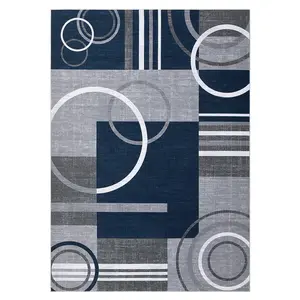 5 x 7 ft Low Pile Polyester Decorative Rug, Dark Blue Rectangular Modern Abstract Machine Washable Foldable Geometric Printed Area Rug for Hallway & Bathroom, Low Pile Rug