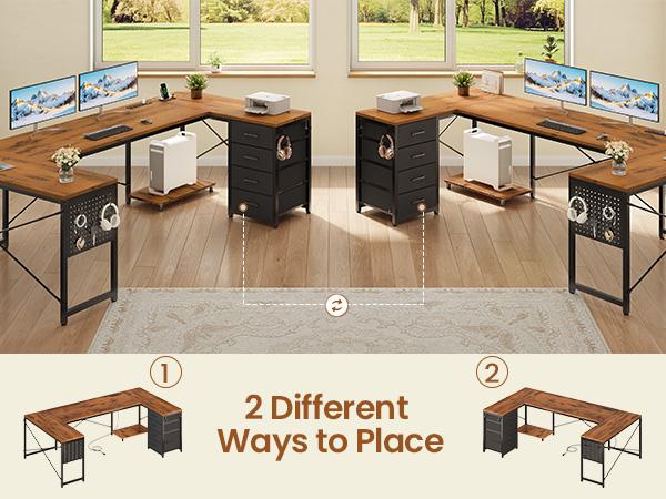 SEDETA 67" U Shaped Desk with 4 Fabric Drawers, Reversible Corner Computer Desk with Power Outlet & CPU Shelf, L Shaped Office Desk with Pegboard for Home Office