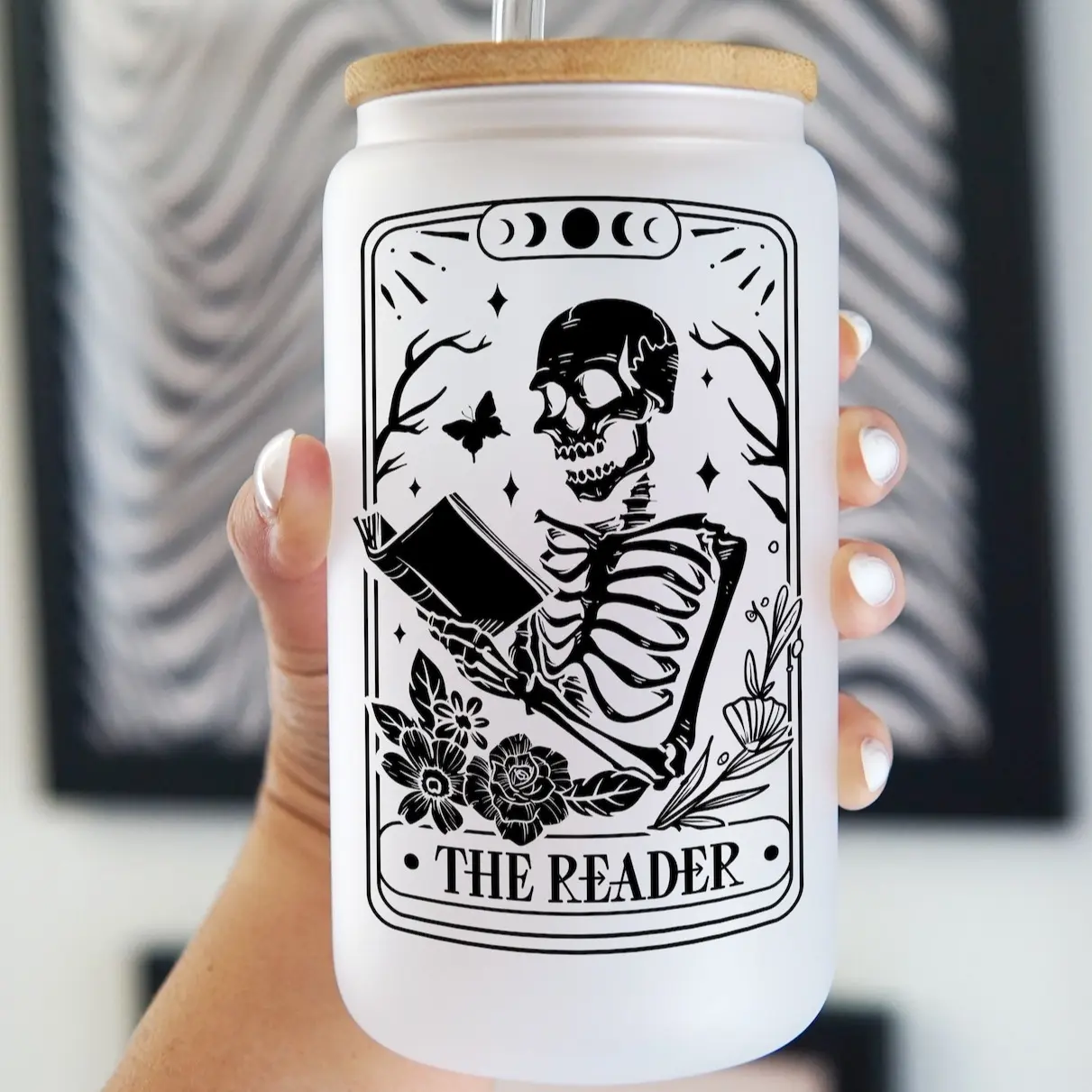 The Reader Tarot Card 17oz Glass Mug with Lid and Straw, Iced Coffee Drinkware, Gift for Her, water bottle for women, iced coffee cup
