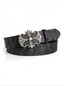Boho Fashion Faux Leather Western Belt with Cross Buckle, Gothic Style Waist Belt for Jeans & Casual Outfits, Accessories for Men & Women