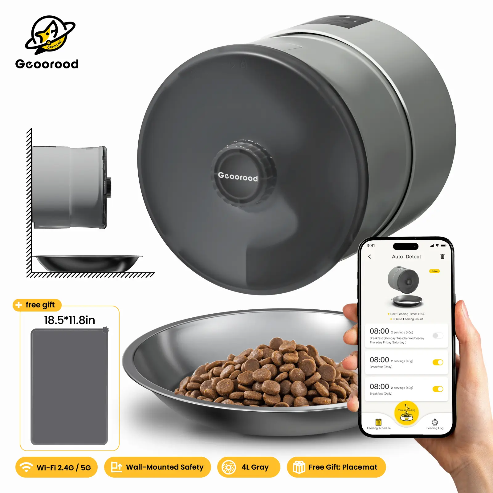 【Geoorood】Wall-Mounted Smart Automatic Pet Food Feeder - 10mm Clog-Free, 2.4G/5G WiFi, Multi-Power, Regular Feeding, Wall Saves Space, Smart App Control, Dishwasher Safe