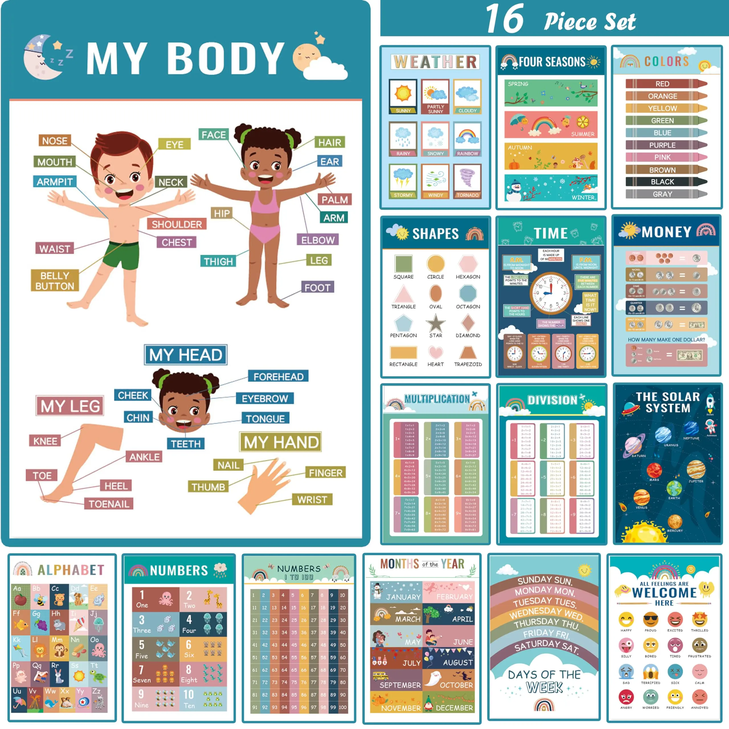 Boho Theme Educational Adhesive Sticker Poster Set - 16 Pieces with Alphabet, Numbers, Weather, 4 Seasons, Colors - Toddler Early Learning School Supplies for Classrooms (summerwins)