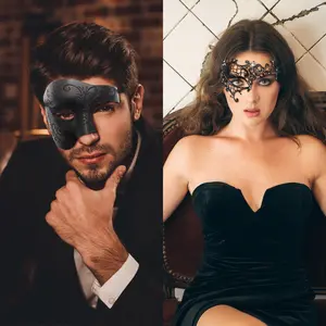 Couples Masquerade Mask Set Venetian Half Face Metal & Plastic Masks for Halloween Carnival Costume Party
