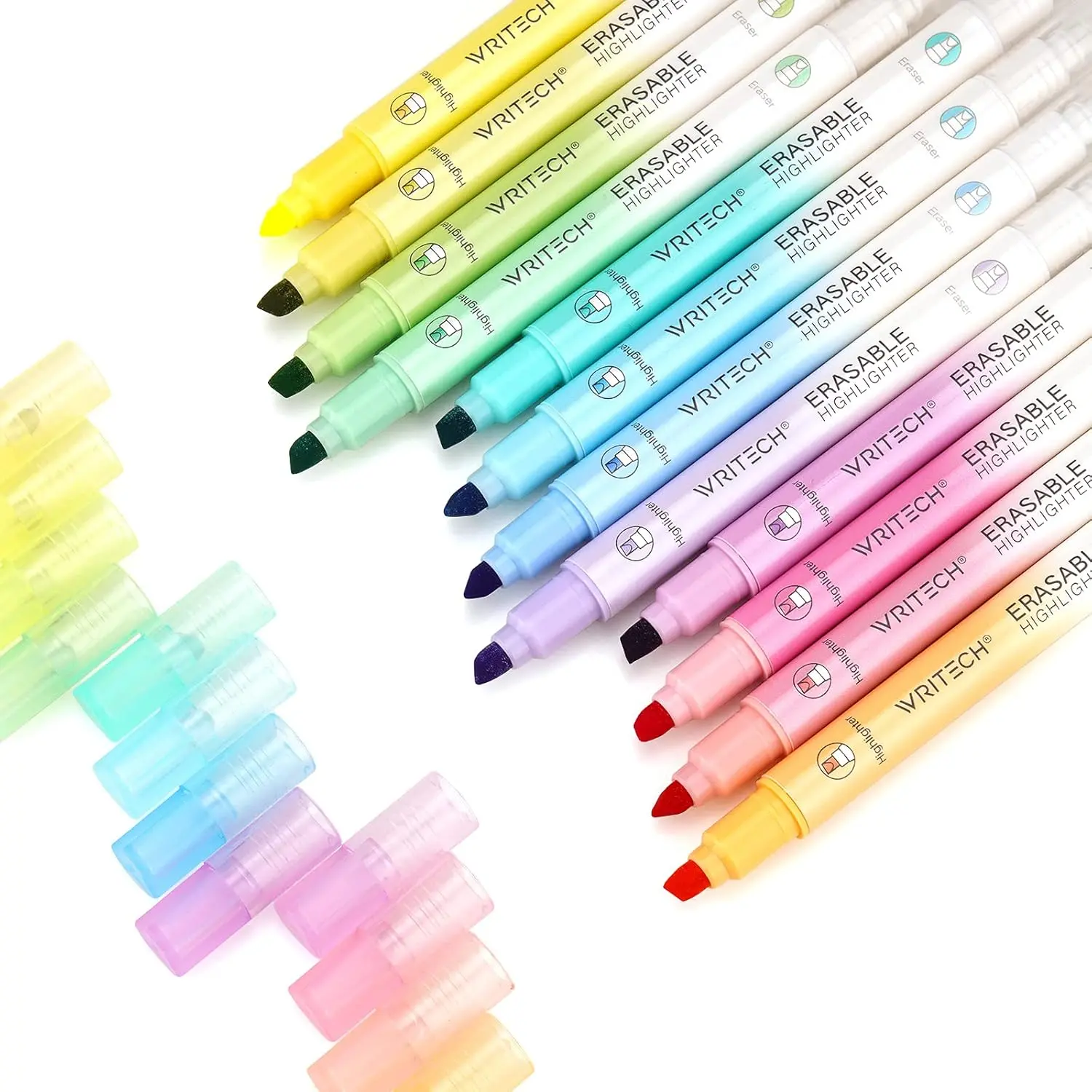 12-Pack Unisex Erasable Highlighters for School Supplies, Double-Head Chisel Tip Markers with Erasers, Non-Permeating Fluorescent Ink, Quick Switching Transparent Design, Assorted Colors for Journaling, Kids & All Ages