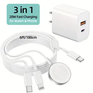 JAYUANONE Upgraded 3-in-1 Magnetic USB C Fast Watch Charging Cable with MFI Certification and 20W Dual-port Fast Charger for APPLE watch for Smartphone Electronic Cellphone