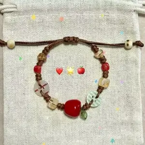 RUNA Adjustable Handmade Ceramic Apple Bracelet - 16-20cm, Star & Whimsical Charms, Vintage Elegant Resin Button Fruit Jewelry for Ladies, Daily Chic Accessory