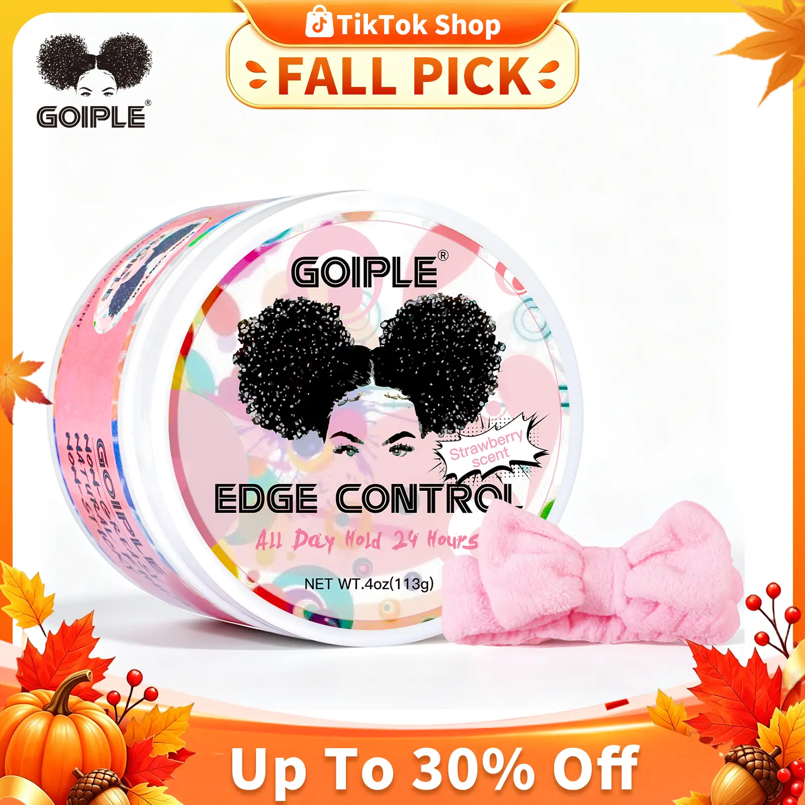 GOIPLE 24H Extreme Hold Edge Control Wax - Strawberry Scented with Castor Oil  Flake-Free, Non-Greasy & No White Cast Sleek Hairline Wax for All Hair Types Back to School (4oz)