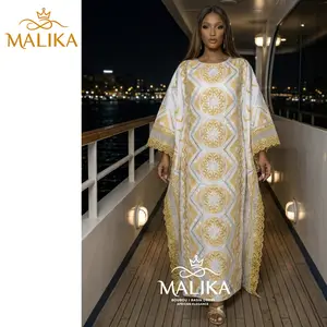 Gold And White Embroidered African Women Bazin Boubou Dress With Stone Original Nigerian Traditional Wedding Long Robe
