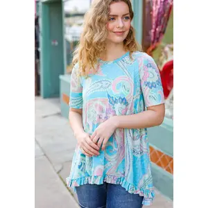 All About You Sky Blue Paisley Ruffle Hem Tunic Top