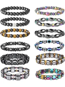 12pcs Hematite Magnetic Bracelet for Men and Women Aura Bracelet Tiger Eye Rainbow Beaded Stone Bracelet Set