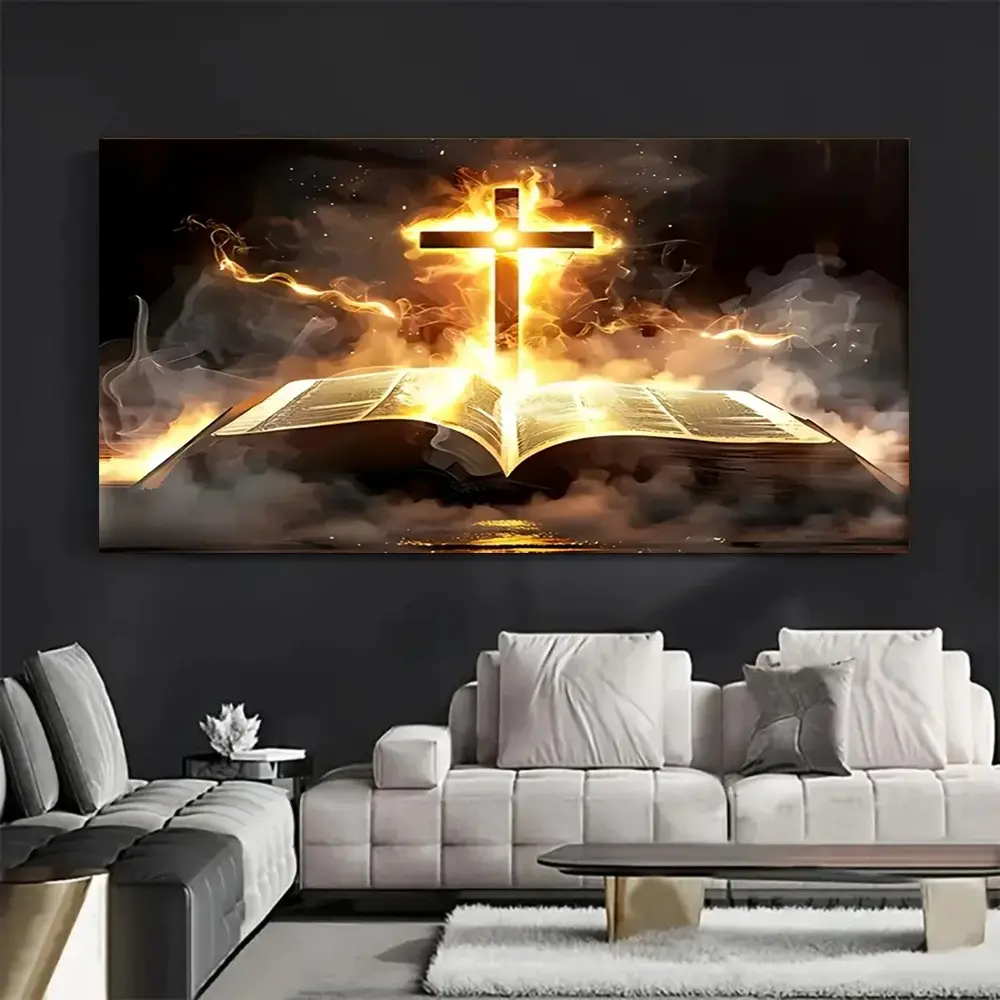 1-Piece   Lightweight Canvas Wall Art   - Minimalist Gold Light Cross, Scripture Print, High-Quality Large-Size Inspirational   Home  ation for Living Room, Thoughtful Holiday Gift