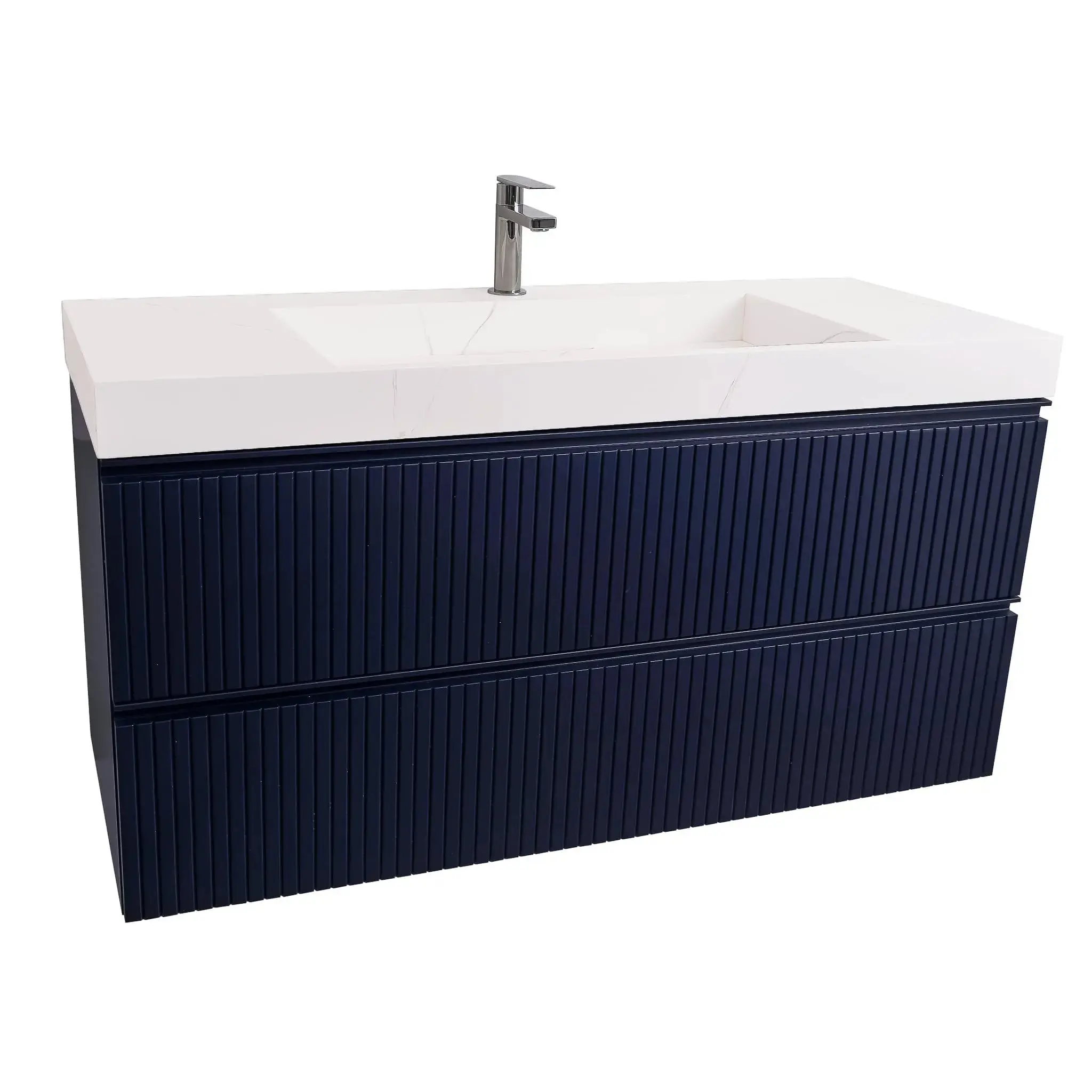 Ares 47.5 Navy Blue Cabinet, Solid Surface Matte White Top Carrara Infinity Sink, Wall Mounted Modern Vanity Set Bathroom