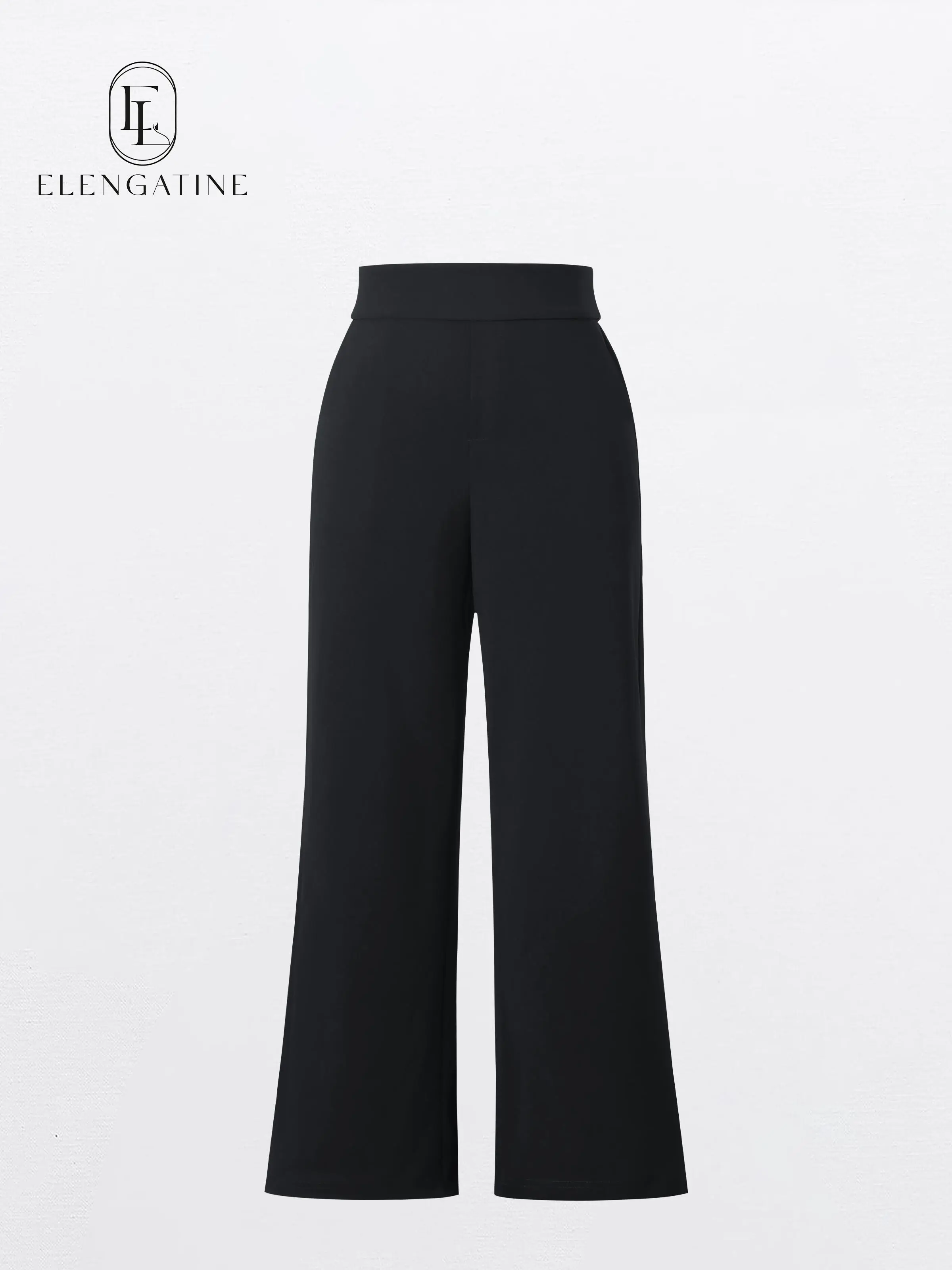 Elengatine Women's High Waist Stretch Wide Leg Minimalist Work Pants - Solid, Basic, Comfortable, Tummy Control Business Bottoms with Pockets, Hidden Back Elastic, Polyester Blend Fabric, Elegant Fit, All Seasons Office Trousers