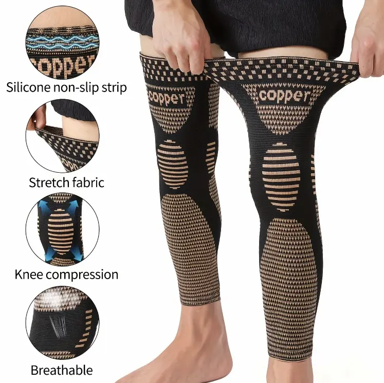 2‑Pack Copper Infused Full Leg Compression Sleeve, Extended Knee Brace for Men & Women, Breathable Elastic Leg Support for Knee Pain Relief, Arthritis, Running, Basketball, Cycling, Gym Workout Sports Protection