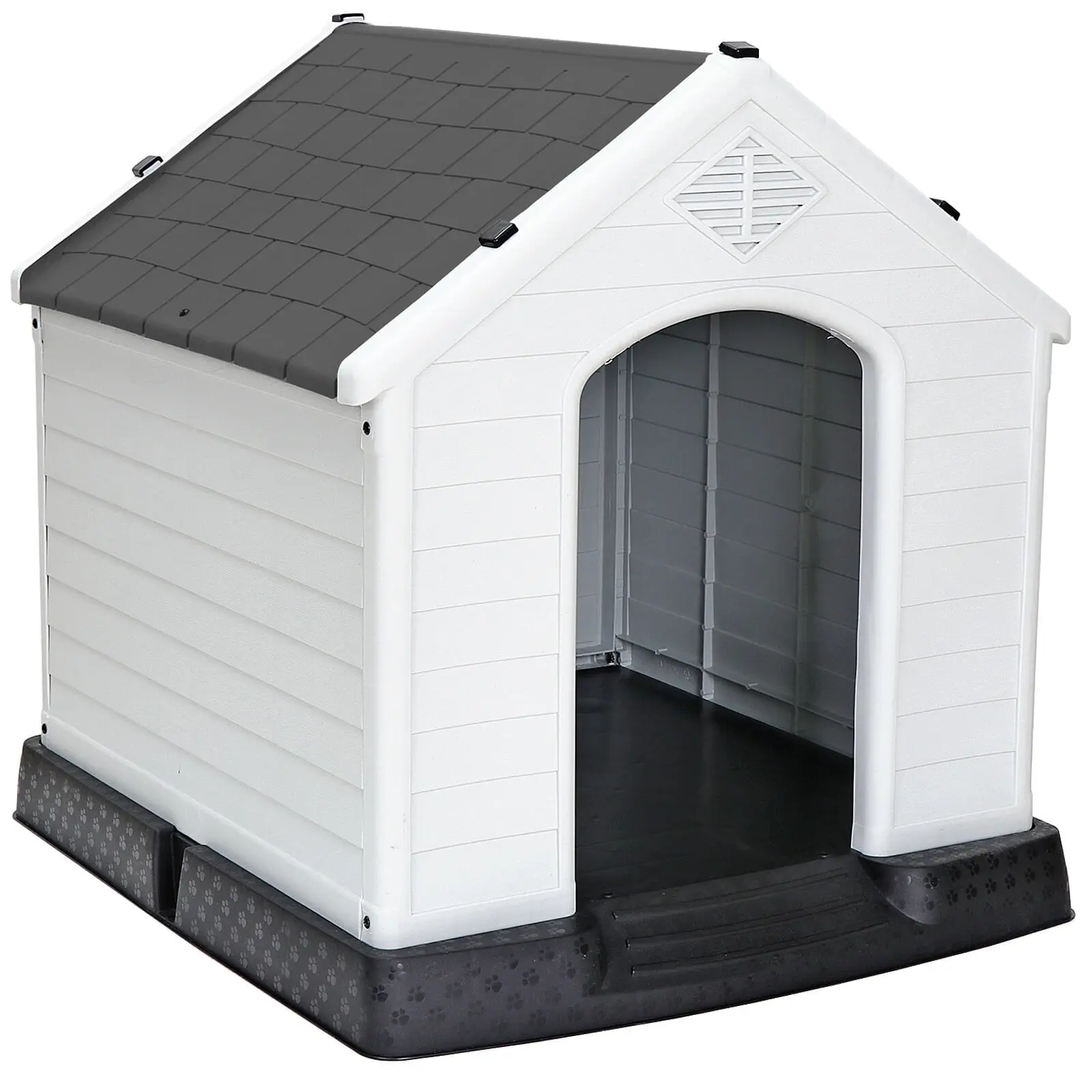 Segawe Medium Plastic Dog House - Indoor-Outdoor Kennel, Weatherproof All-Season Enclosure, White Body, Gray Roof