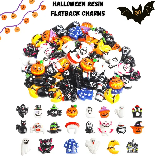 100 PCS Halloween Resin Flatback Charms, Pumpkin, Ghost & Spider Cabochons for DIY Crafts, Resin Art, Scrapbooking, Phone Case Decor, Halloween Party Decorations