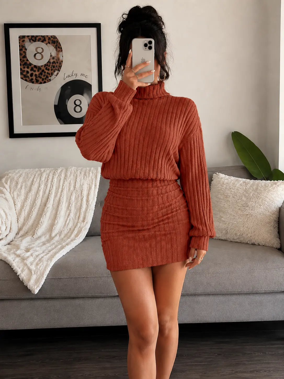 AUXDIO Women’s Ribbed Knit Dress, Turtleneck Long Sleeve Bodycon Mini Sweater Dress, Soft Stretch Textured Ribbed Fabric Slim Fit Casual Elegant Fall Winter Womens Clothing