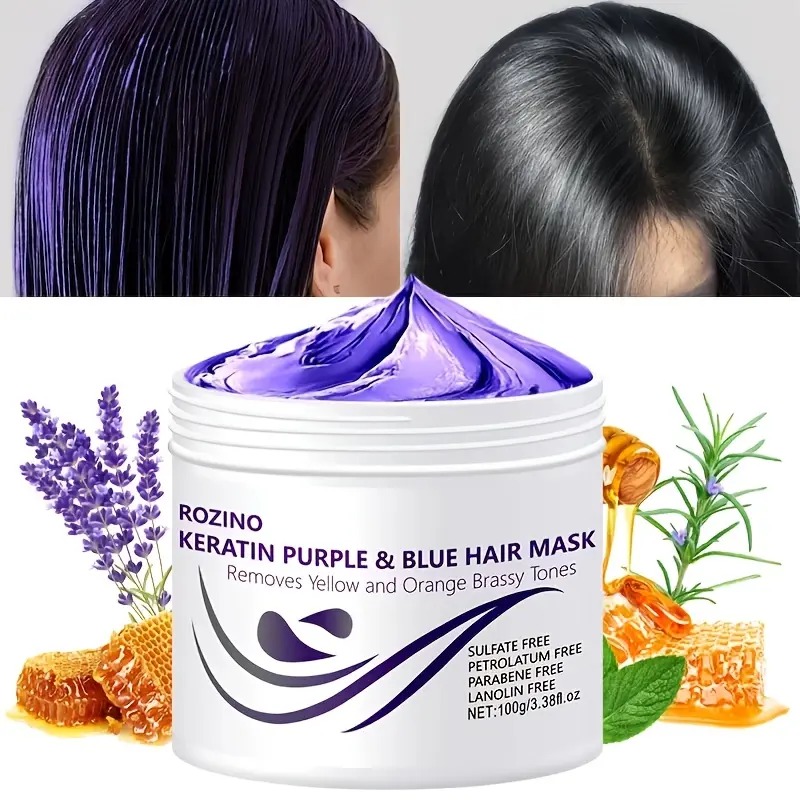 ROZINO Keratin Purple & Blue Hair Mask - Haircare Treatment for Targeted Removal of Yellow, Orange Brassy Tones on Reusable Hair Extensions