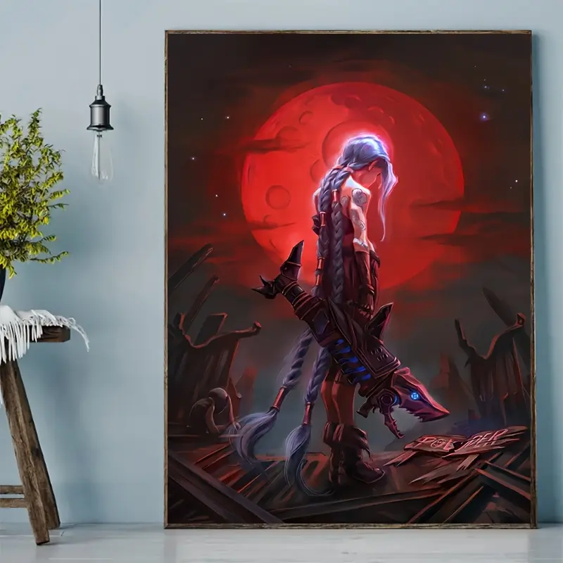 Jinx Arcane Red Moon Canvas Wall Art, Framed/Unframed League of Legends Print, Jinx Shark Gun Gaming Poster for Bedroom & Gamer Room