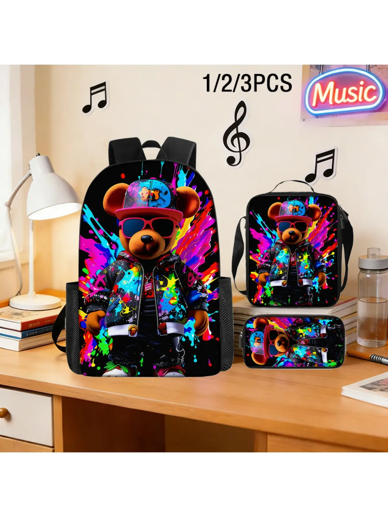 3pcs Trendy Cool Graffiti Bear Backpack Set, Cartoon Bear Pattern Theme, Suitable for Young Fashion Crowd, Large Capacity Backpack for Daily Commuting or Travel Needs, for Teenager