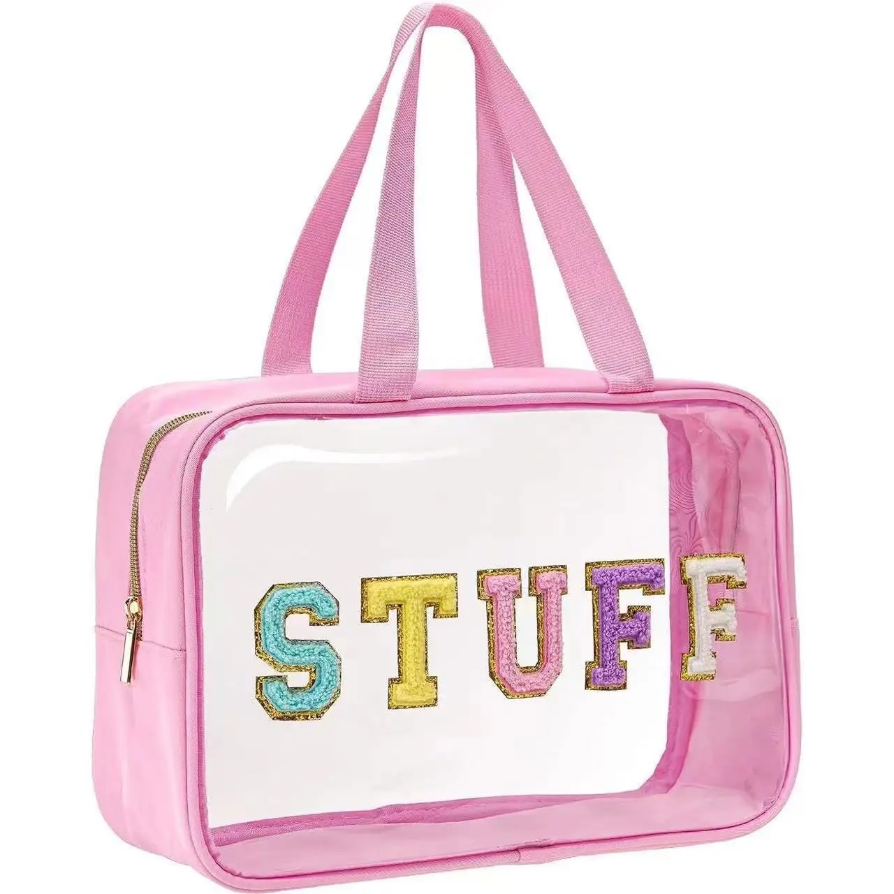 Large Capacity Transparent PVC Makeup Bag with Embroidered STUFF Letters, Durable Organizer for Travel, Beach & Wash Storage, Travel Cosmetic Bag, Cosmetic Pouch