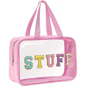 Large Capacity Transparent PVC Makeup Bag with Embroidered STUFF Letters, Durable Organizer for Travel, Beach & Wash Storage, Travel Cosmetic Bag, Cosmetic Pouch