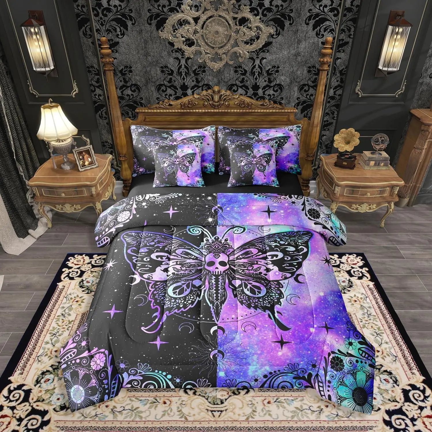 Feelyou 7-Piece Moth Purple Black Boho Butterfly Gothic Comforter Bed Set - Ombre Damask Paisley Ethnic Bedroom Bedding, Bohemian Decorative Bedding for Adults, Bedroom Bedding Set, Bohemian Bedding Sets