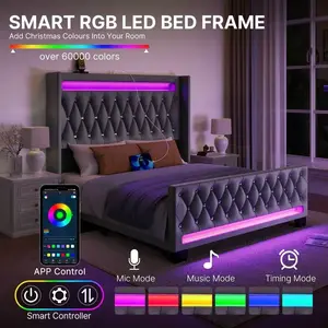 Modern Platform Bed Frame ,Twin/Full/King/Queen Size Bed Frame With Upholstered High Headboard & Footboard, Heavy Duty Wood Slats ,With LED Lights & USB Charging Station ,Easy Assembly,Bedroom