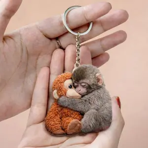 Viral Punch Monkey Wooden Keychain – Cute Baby Monkey with Plush Toy Charm, Adorable Animal Keyring, Emotional Gift for Animal Lovers