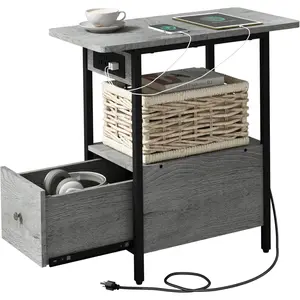 End Table with Charging Station, Narrow Side Table with Drawer and USB Ports & Power Outlets, Nightstand Bedside Tables for Small Spaces, Bedroom, Living Room, Light Grey