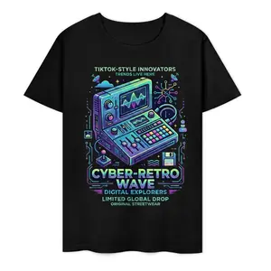 Mens Retro Wave Digital Graphic Tee - Premium 180g Pure Cotton T-Shirt - Vintage Synth Aesthetic Tech Streetwear Top
