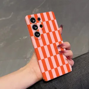Luxury Checkered Orange Pink Phone Case Suitable For Samsung Galaxy S26 S25 S24 A37 A57 A56 A26 A36 A17 A07 A55 A35 A06 A05 A14 A24 A34 A54 A16 A05S A25 A15 A23 A53 A33 A73 FE Plus Ultra 4G 5G Lens Protection Anti-Shock Hard PC Back Cover