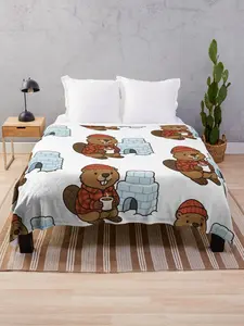 Beaver in Flannel Jacket Holding Cocoa – Cozy Winter Beaver Throw Blanket Lightweight Flannel Blanket – One Side Printed - Cozy Gift