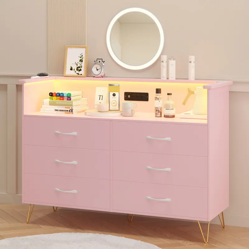 GARVEE LED 6-Drawer Dresser for Bedroom - Wood & Steel Storage with Charging Station, Easy-Pull Handles for Living Room/Closet,Pink
