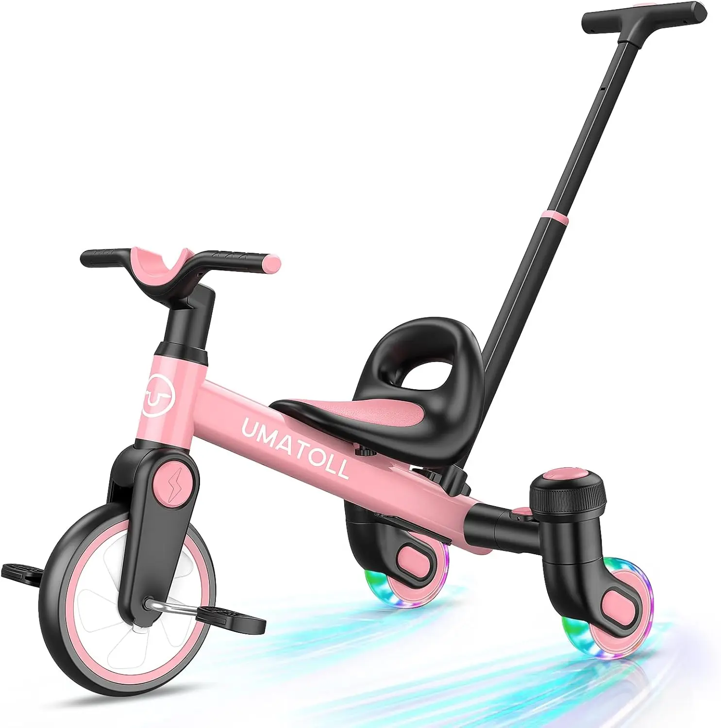 Umatoll 3-in-1 Toddler Tricycle for 18 Months to 5 Year Old, Toddler Toy with Adjustable Push Handle, Gift for Boy Girl Age 2-4, 360° Light-Up Drift Wheels #Summervibes