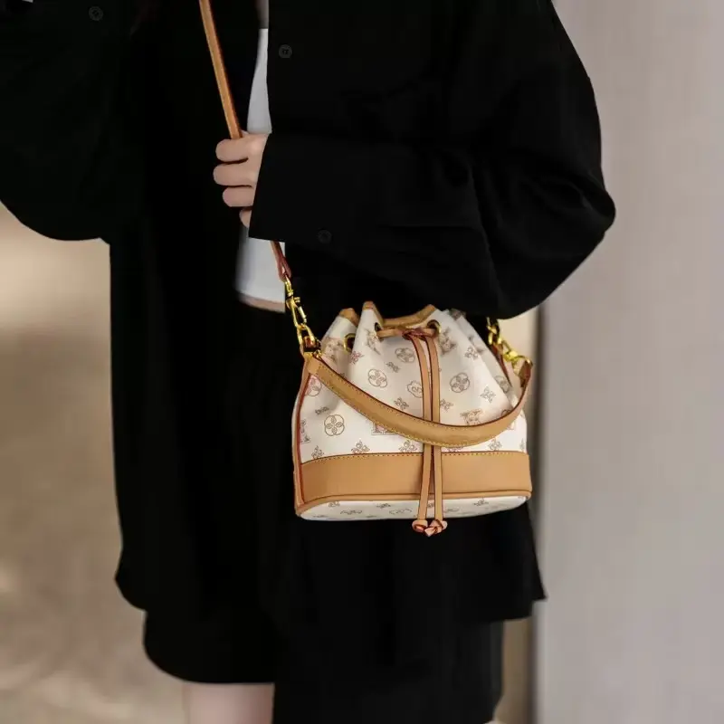 Vintage Monogram Drawstring Bucket Bag Women Retro Crossbody Purse 3 Color Options