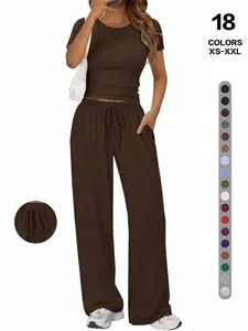 Simple Basic Home Clothing Set, Drawstring Pocket Wide Leg Pants Two-Piece Set, Comfortable Multi-Wear Loungewear for Women