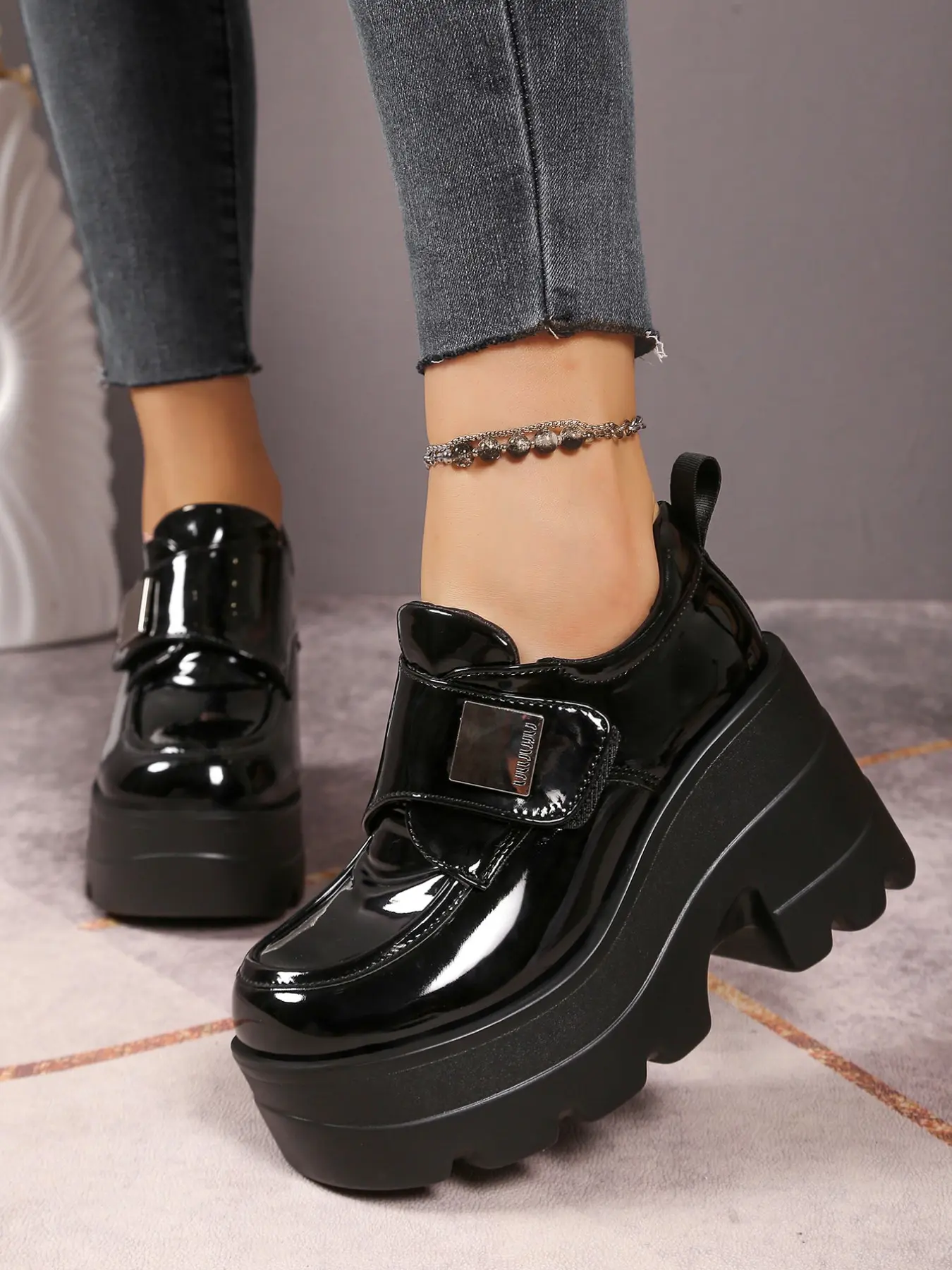 Women's 11CM Super High Platform Loafers | Vintage Preppy Street Mary Jane Style | Patent Leather Non-slip Chunky Sole Magic Tape Round Toe Shoes | For Ladies Daily Commute Party Club Wear Casual Versatile Shoes Stylish Platform Mary Janes