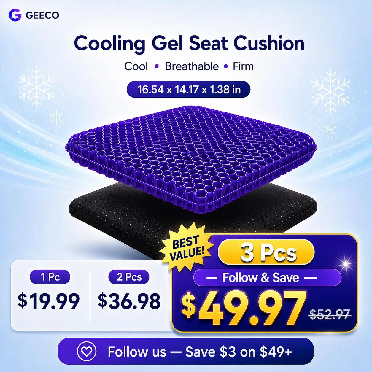 GEECO Purple Gel Seat Cushion - Firm Honeycomb Cooling Pad with Non-Slip Washable Cover, 16.54x14.17x1.38in, for Office Chair, Car Seat Summer Comfort day gift