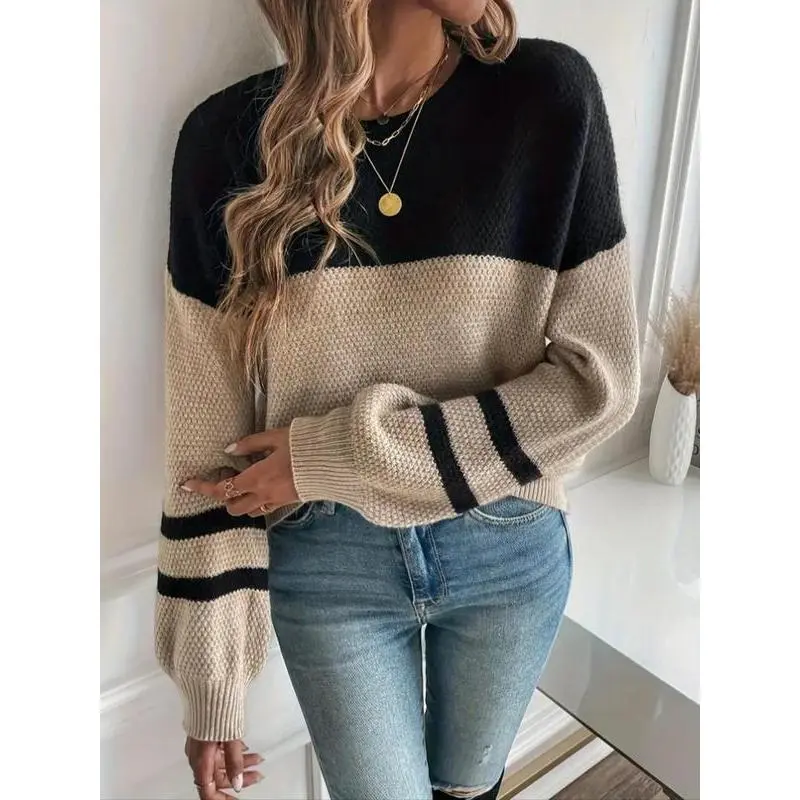 Plus Size Patchwork Drop Shoulder Sweater, Casual Long Sleeve Round Neck Jumper for Fall & Winter, Women's Plus Clothing for Daily Wear