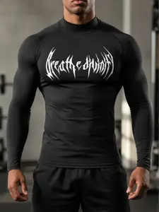 Men’s Compression Gym T-Shirt with “Breath” Graphic, High Neck Muscle Fit Training Shirt, Breathable Stretch Performance Athletic Top for Outdoor Workouts, Running, Hiking, Training & Everyday Active Wear, Gym T Shirts